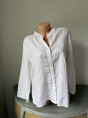 Lizwear Liz Claiborne Embroidered 100% Linen Button Down Top Women Size XL White