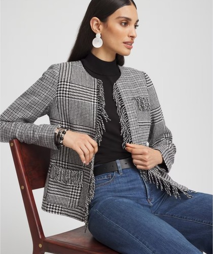Chico's Blazer Women 1.5 Gray Plaid Tweed Fringe Trim Open Front Jacket Classic