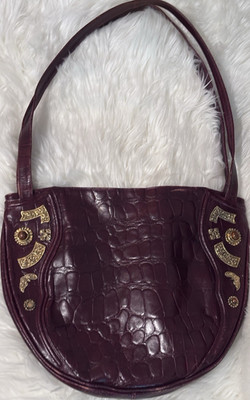 Braccialini Burgundy Croc Print Crescent Shoulder Bag Zip Gold Hardware Studs
