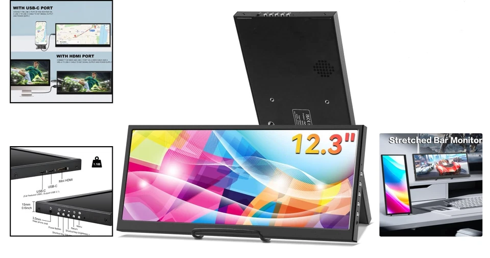 12,3 Zoll tragbarer IPS Monitor HDMI USB-C Metal Display für Laptop Überwachung - Bild 2 von 4