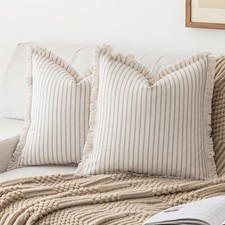 Throw Pillow Covers 18x18 Set of 2 Striped Fringe 18" x 18" Pack of 2 Khaki