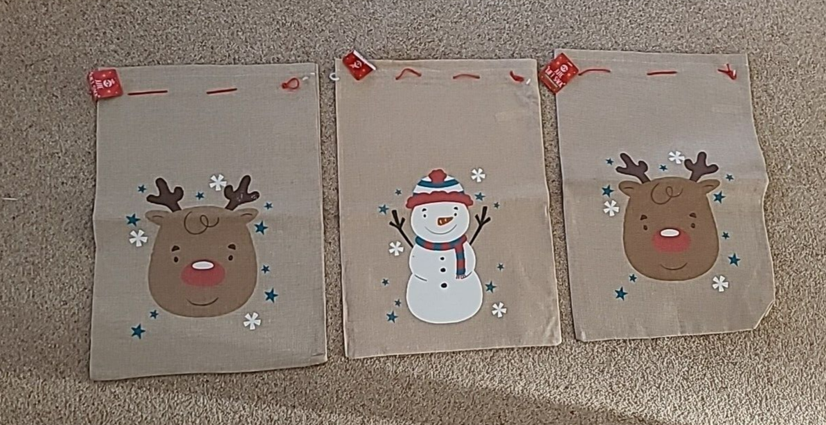 3 x Christmas Jute Hessian Gift sack Stockings large size 50cm x 35cm