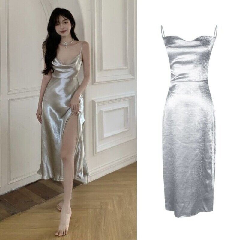 Women Faux Silk Satin Slip Dress Spaghetti Strap Camisole Dress