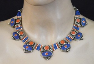Asian-Ethnic-Sterling-Silver-Necklace-Tribal-Handmade-Coral-Lapis-Jewelry-SAK8