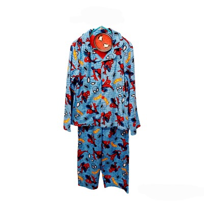 Spiderman Boys Blue Flannel Coat Pajama Set 10 All Over Print Long Sleeves 