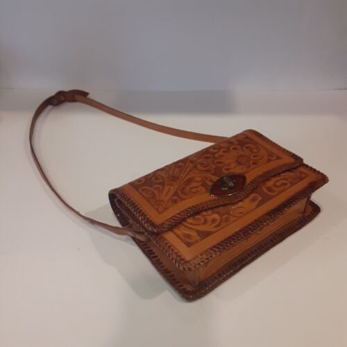 Bolso de hombro/mano ajustable de cuero vintage de cuero trabajado a mano tabaco - Imagen 2 de 10