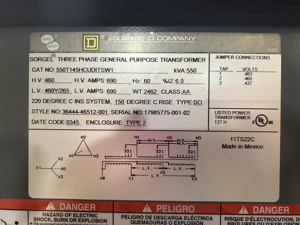 Transformador Square D 550T145HCUDITSW1 550kVA 460V 460Y/265V 690A 3PH Tipo 2 Foto 3 de 4