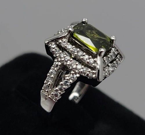 9x7mm Emerald Cut Peridot & Pavé Set .925 Sterling Silver Ring - Size 7 - Picture 3 of 8