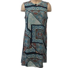 DR2 Daniel Rainn Blue Sleeveless Shift Geometric Patch Dress Size S Pleated Back