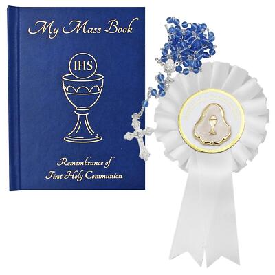 Erstkommunion Geschenkset Messbuch, Rosenkranz Perlen und Rosette - blau