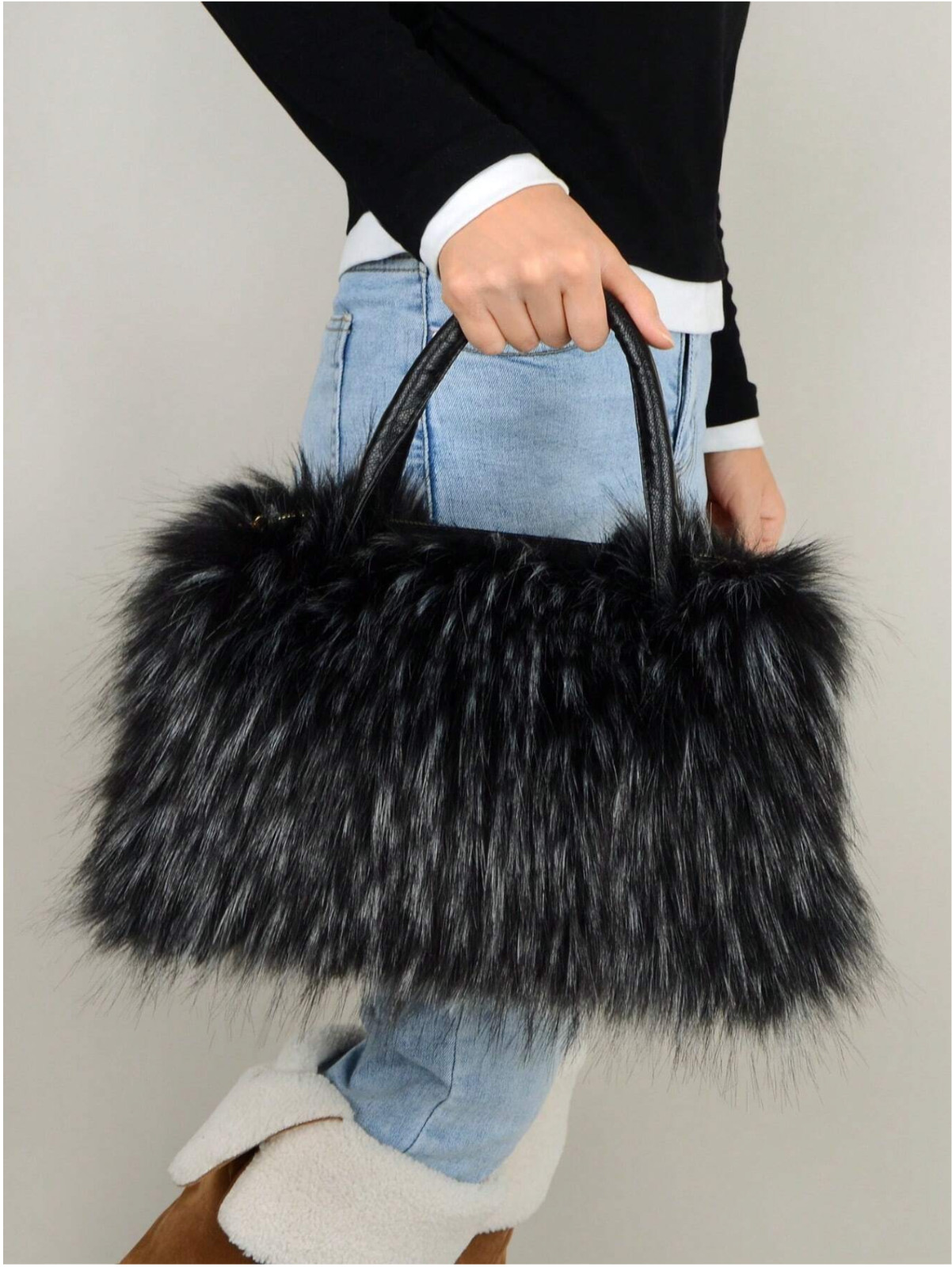 Black Fuzzy Wrist Bag Faux Fur Large Space Winter Handbag Fa