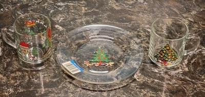 Vtg - Luminarc Christmas Mug Set & Arcoroc Christmas Tree Plate - Milk & Cookies