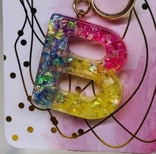 Gold Glitter Resin Keychain Initial Letter B Keyring Bag Charm Purse Gift New