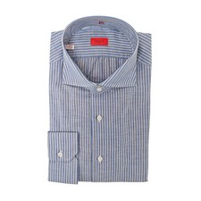 780 ISAIA NAPOLI "Mix" Blue White Dress Shirt Striped Cotton Linen 17.5 - 44