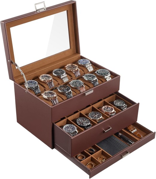 Uhrenbox 20 FäCher, Uhrenkoffer Mit Schublade, Uhrenaufbewahrung, Glasdeckel,-image