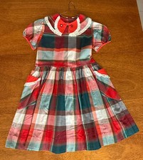 Vintage 1950s 60s Girls Peter Pan Collar School Dress Red Green White Plaid
