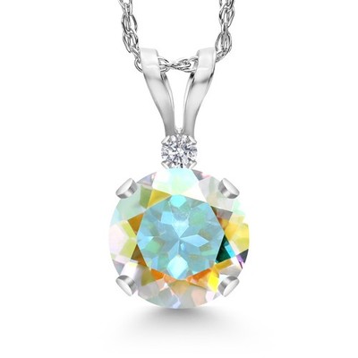 14K White Gold Mercury Mist Mystic Topaz and Lab Grown Diamond Pendant Necklace