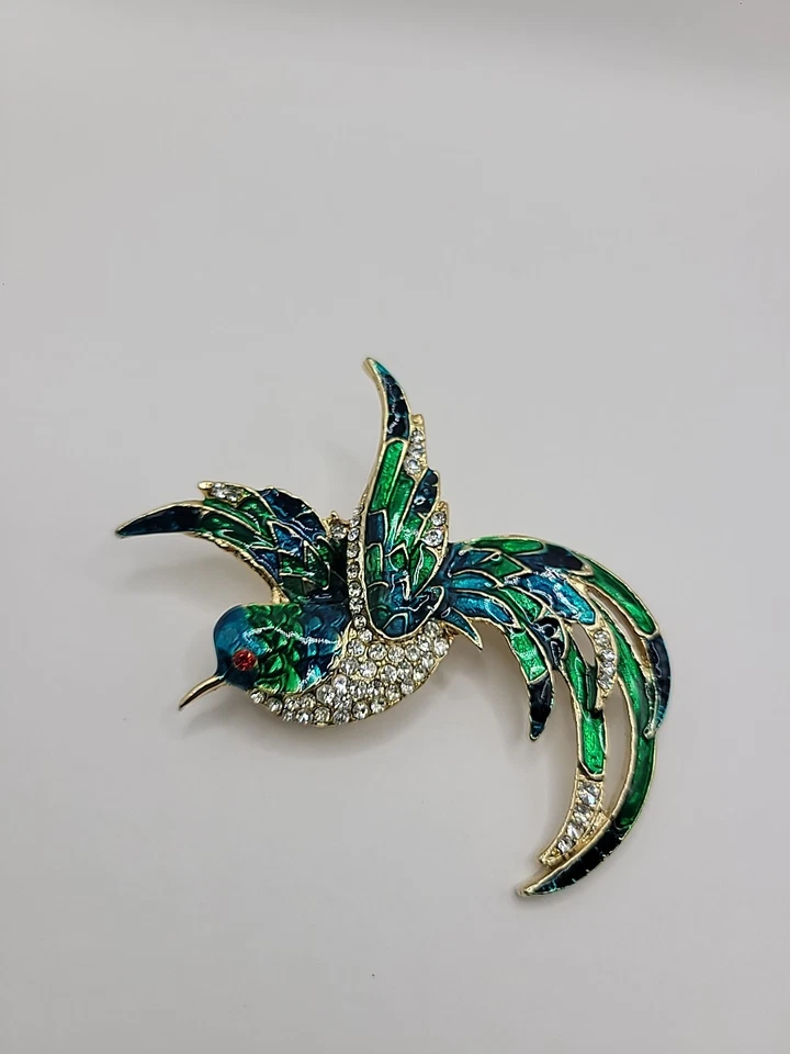 Broche prendedor vintage alas pájaro del paraíso cola esmalte cristales joyería colorida Foto 4 de 4