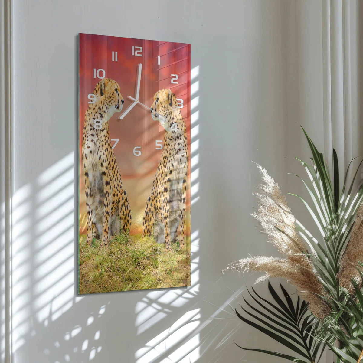 Reloj de Pared Rectangular Vertical Decorativo de Vidrio Dos Guepardos 30x60 cm