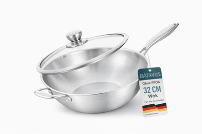 Wokpfanne Edelstahl 32 cm mit Deckel, Unbeschichtete Wok Pfanne