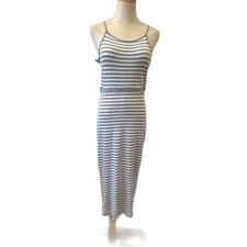 Monteau Grey White Bodycon Tank Dress Striped Rib Knit Cut Out Back Medium Midi