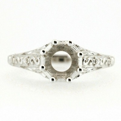 6x6mm Round Solitaire Ring Setting Art Deco 925 Sterling Silver Semi-Mount Ring