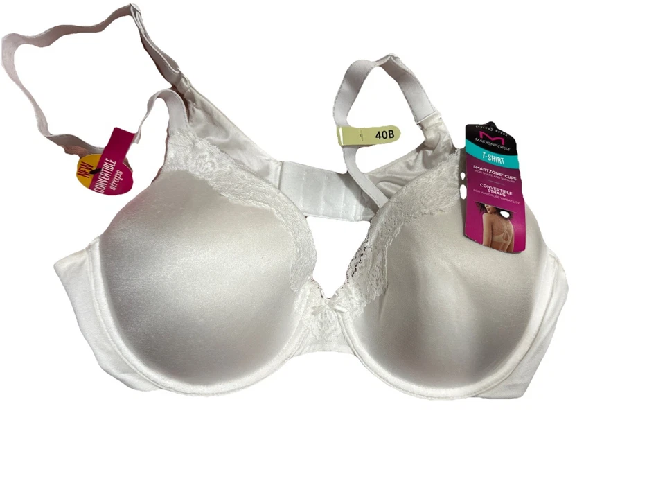 Maidenform Smartzone Cups Coverage T-Shirt Bra White Lace 40B Convertible Straps - Imagem 2 de 4