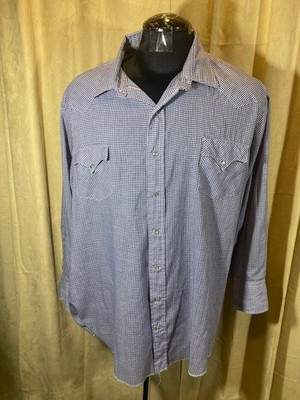 Mens Vtg 70s Karman Western Shirt 19 3XL Blue Checks L/S Poly/cot Snaps