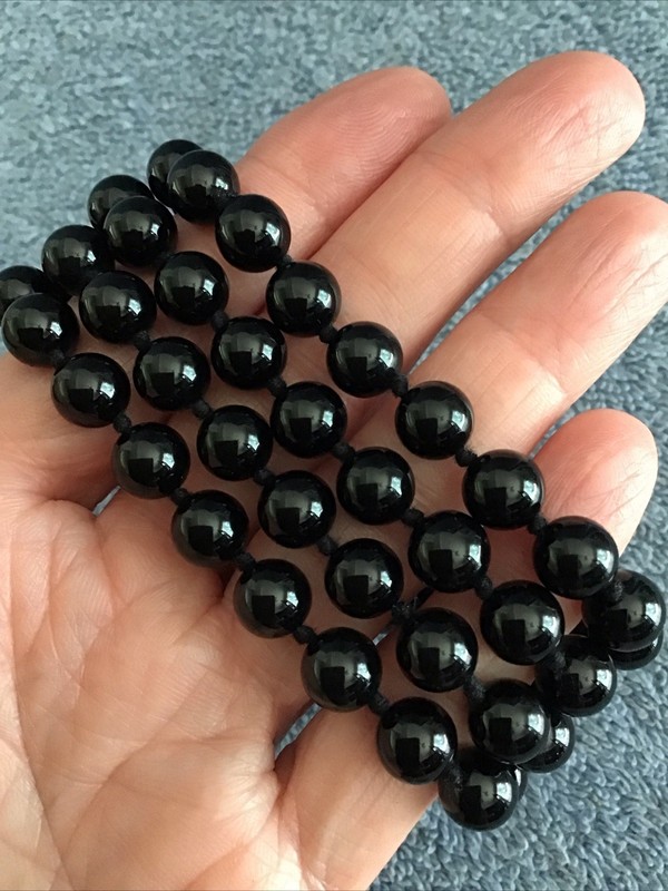 Vtg Black Glass Bead Necklace Knotted Beaded Long Estate Find