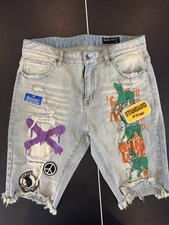 Smoke Rise Denim Shorts Mens 36 Distressed Patch Paint Streetwear Light Wash