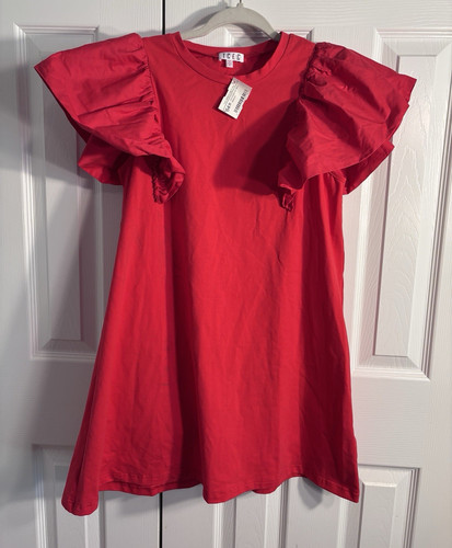TCEC Size M Red Shift Dress NWT Round Ruffle Sleeve Romantic Power Color FTCP