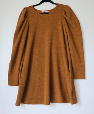 New In Womens Medium Brown Sweater Dress Puff Sleeve Long Sleeve Knit A-Line