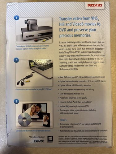 NWT ROXIO EASY VHS TO DVD 3 CONVERT VHS TAPES Hi8 OR V8 TO DVD 253000CS - Picture 2 of 2