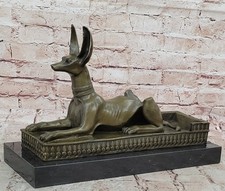 Hot Cast Egyptian Dog Bronze Sculpture Dark Brown Patina Marble Base Figurine