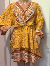 Women's Unbranded Yellow Orange Floral tiered Mini Dress elastic waist M