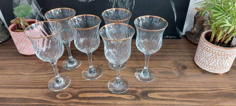 Set Of 6 Royale 24k Gold Rim Water Goblets Wine Glasses Hand Decorated 24K Gold
