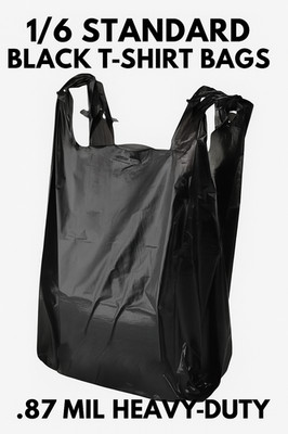 1/6 Black HDPE Plastic T-Shirt Bags 11.5x6.25x21'' Heavy-Duty .87mil Bulk