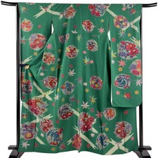 JAPANESE KIMONO FURISODE GREEN 162.5cm 5 ft 4 in PURE SILK B0880