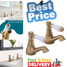 Brushed Gold Basin Taps Pair Victorian Bathroom Sink Taps 1/4 Turn Brass Trad