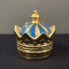 Gold & Blue Crown Covered Round Ceramic Candy Dish Trinket Box 5" Tall 4" Wide