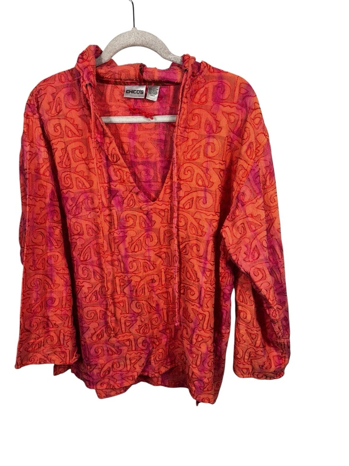 Sudadera con capucha para mujer Chico's talla 2 naranja cuello en V bordada manga larga 100 % algodón Foto 2 de 4