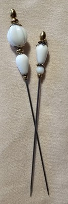 2 - Vintage Short Hat Pins - Opaque White and Gold Beads