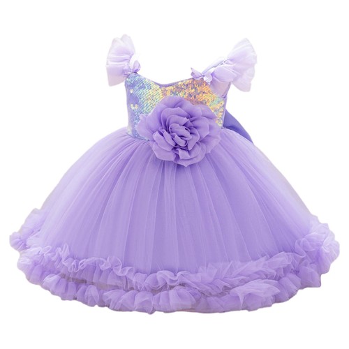 Girl Fly Sleeve Sparkly Sequins Fake Flower Bowknot Decorated Tutu Mesh UK - Picture 6 of 77