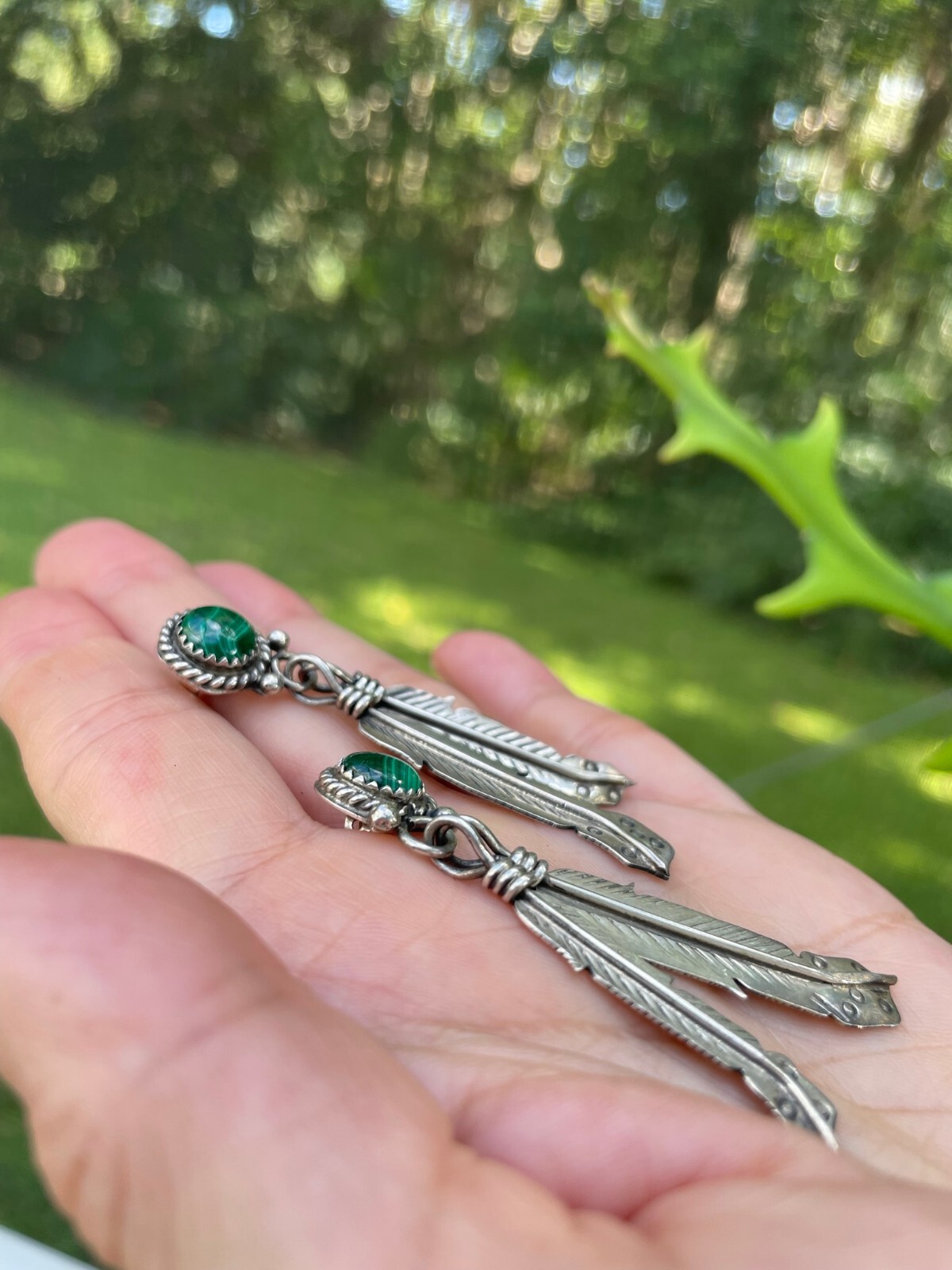 Malachite Post Earrings Signed Feather Moses Jack… - image 9