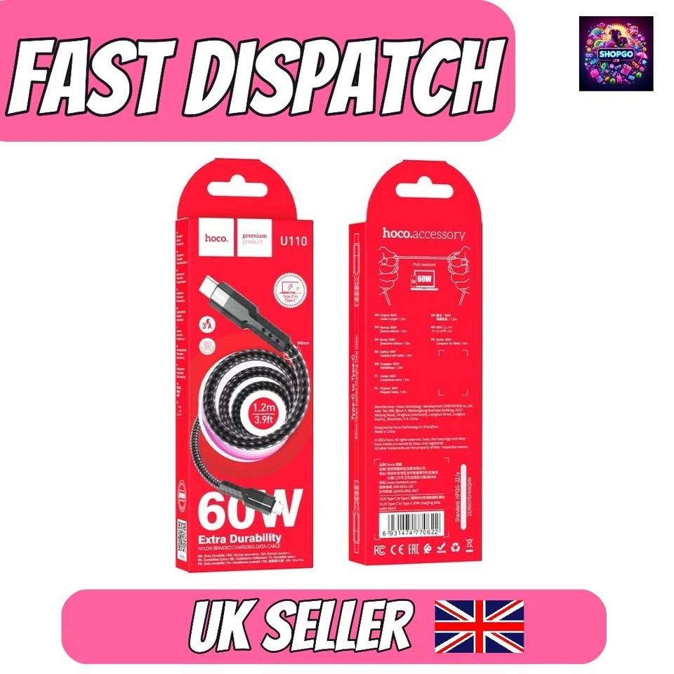 Type C to Type C Cable PD 60W Fast Charge Braided USB Lead LED 1.2M For Samsung - Image 2 of 4