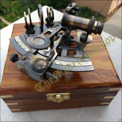 VINATGE MARINE SEXTANT & NAUTICAL WOODEN BOX BRASS COLLECTIBLE GERMAN ASTROLABE 