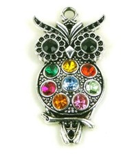 Owl Charm Pendant Rainbow Rhinestone Silver Pewter Enameled Wise Figural 48mm