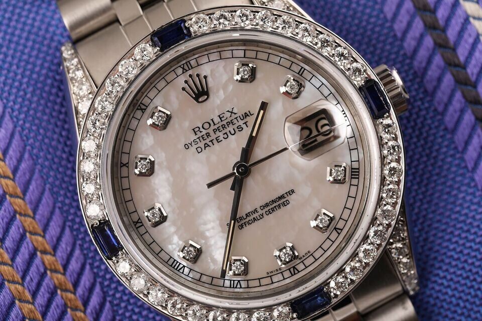 Womens Rolex Datejust 31 mm White Pearl Dial Sapphire & Diamond Bezel