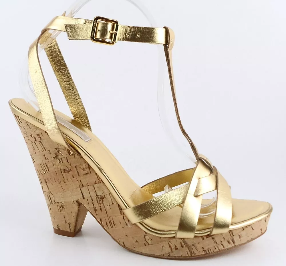 Michael Kors Trellis pelle Oro Designer Italia Zeppa Cinturino a T Sandali 10