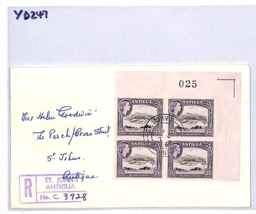 ANTIGUA Cover QEII 5c Sheet Number CORNER MARGINAL BLOCK{4} Reg'd 1966 YD247 - Picture 5 of 10